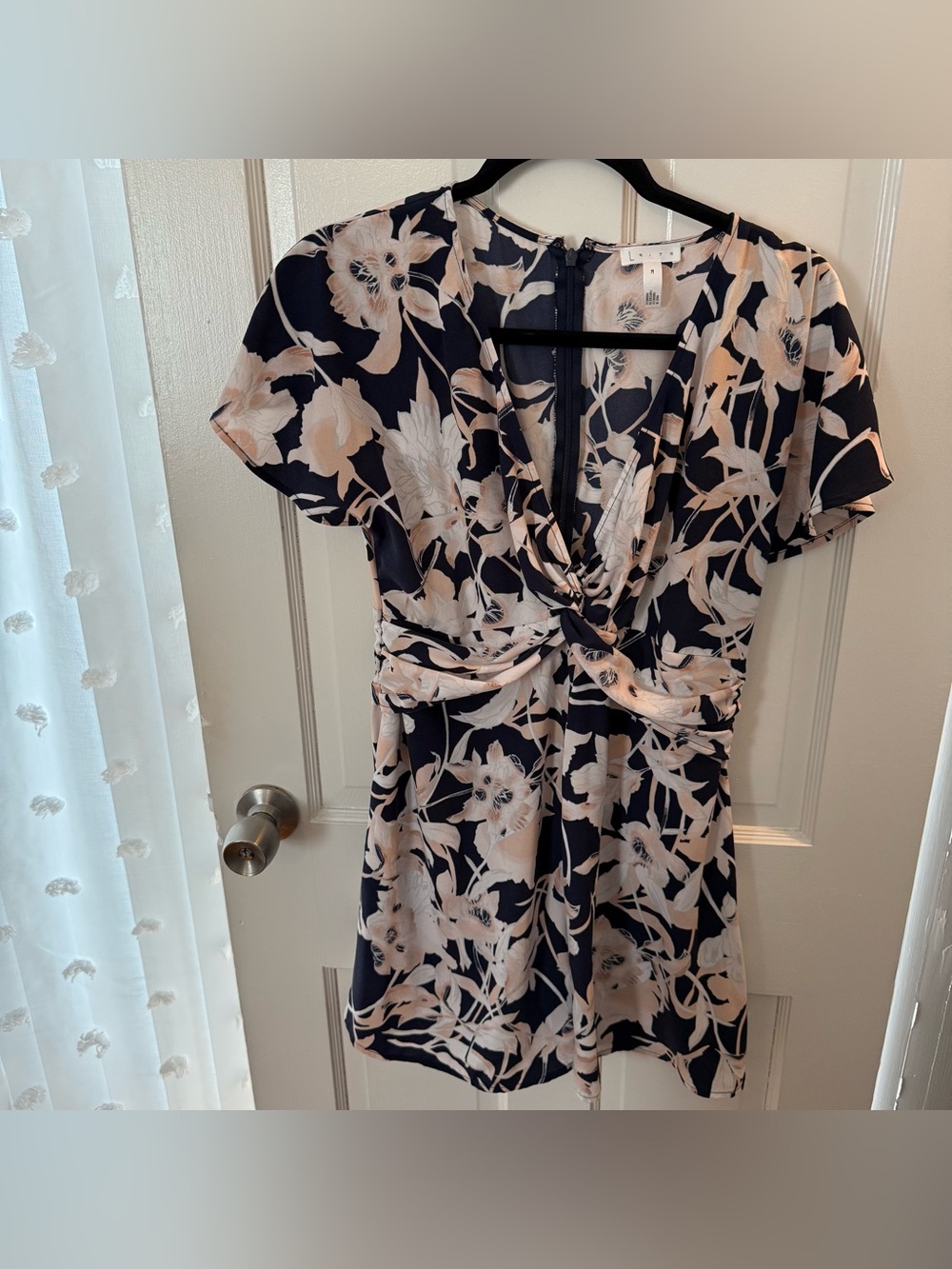Floral Twist-Front Women’s Romper in Navy and Blush